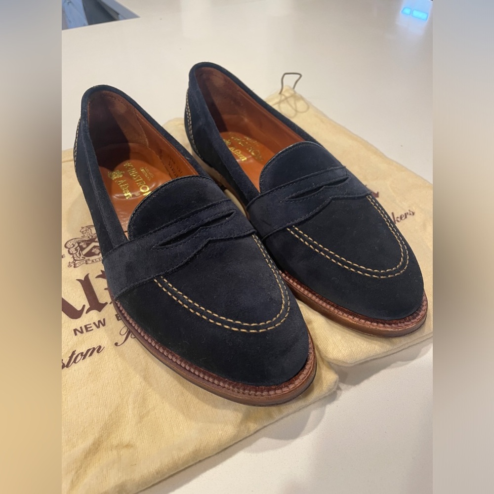Alden Navy Suede Penny Loafers